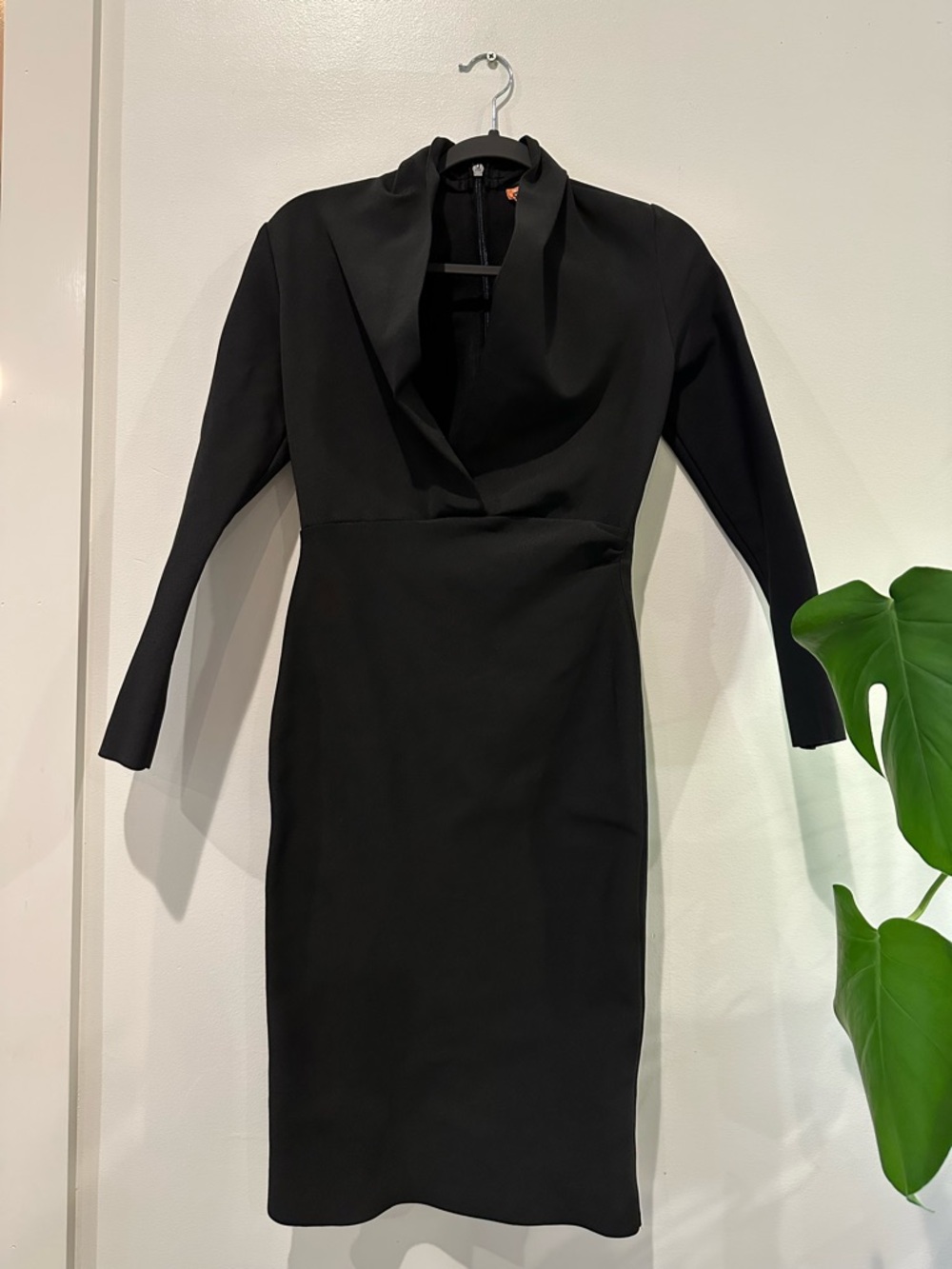 Sophisticated Black Long-Sleeve Draped Neck Dress